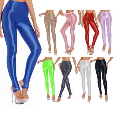 Womens Sexy Glossy Stirrup Step on Foot Fitness Yoga Shiny Stretchy Tights Pants